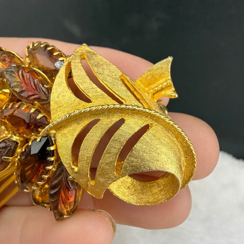 Vintage Rhinestone Brooch Gold Tone Orange Brown Rhinestone Leaf Spray Molded